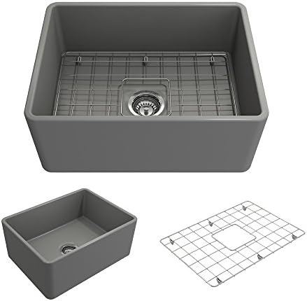BOCCHI Classico Farmhouse Apron Front Fireclay 24 in. Single Bowl Kitchen Sink with Protective Bottom Grid and Strainer in M.Gray