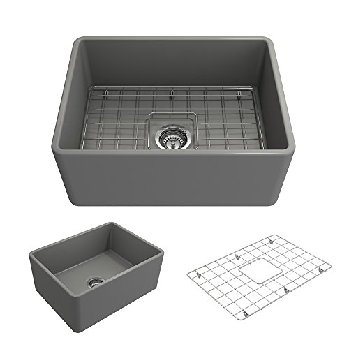 Bocchi Classico Farmhouse Apron Front Fireclay 24 In. Single Bowl Kitchen Sink With Protective Bottom Grid And Strainer In M.gray #TOP6