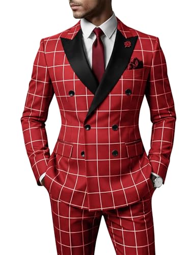 CKGJLJ Red Suit Men Slim Fit 2 Piece Checked Plaid Suits for Wedding Prom Double Breasted Mens Formal Fashion Suits Tuxedos 2-Piece Double Breasted Red Plaid Suit Jacket 3XL
