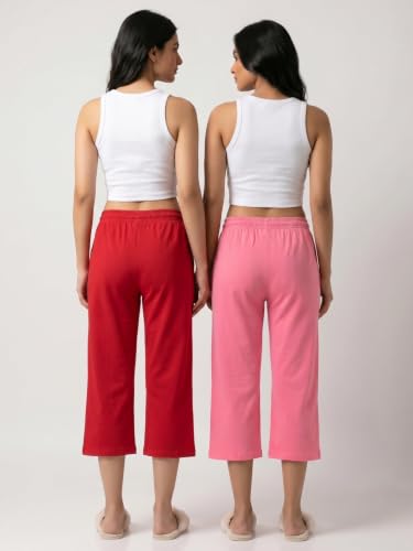 Image of Fflirtygo Women's Cotton Plain Calf Length Capri | Nightwear Short Pyjama | 3 /4th Solid Pyjama Pant | Regular Fit Casual & Lounge Wear Capri Combo (Pack of 2)