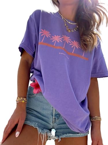 Image of Vintage Oversized Flower Graphic Tees Cute Surfboard Palm Baggy T-Shirts Summer Preppy Beach Tops Teen Girls Clothes