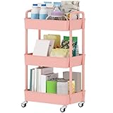 Sywhitta 3-Tier Plastic Rolling Utility Cart with Handle, Multi-Functional Storage Trolley for Office, Living Room, Kitchen, Movable Storage Organizer with Wheels, Pink