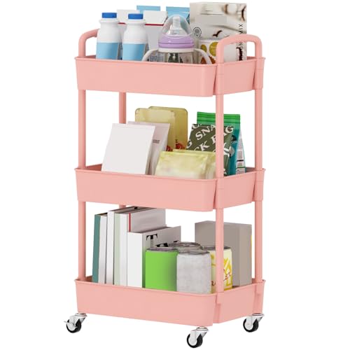 Image of Sywhitta 3-Tier Plastic Rolling Utility Cart with Handle, Multi-Functional Storage Trolley for Office, Living Room, Kitchen, Movable Storage Organizer with Wheels, Pink