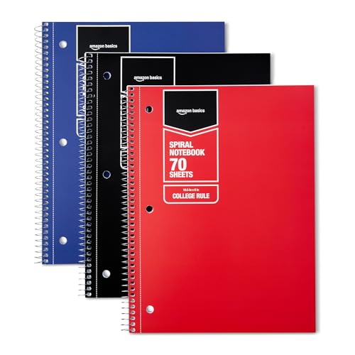 Amazon Basics College Ruled Spiral Notebooks, 70 Sheets, 8" x 10.5", Perforated Pages, Assorted Primary Solid Colors, 3-Pack - image 1