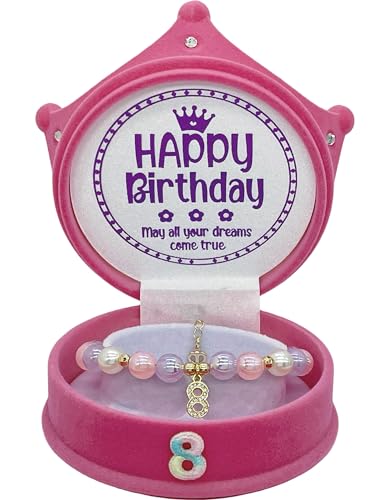 ZomefinKiu Girls 8th Birthday Bracelet - Pink, 8th Birthday Crown Box, Decorations & Jewelry for Girls