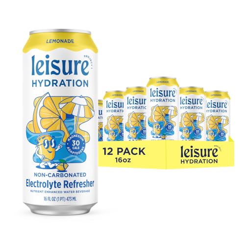 Leisure Hydration Non-Carbonated Electrolyte Refresher, Lemonade Flavor - Low Sugar Nutrient Enhanced Water Beverage - Get The Best Hydration Packed w/ Magnesium & Ashwagandha For Mood & Stress Support, Non-GMO, 16 oz (12-Cans)