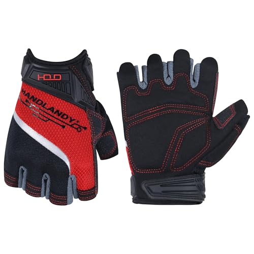 HANDLANDY Fingerless Work Gloves for Men, Half Finger Working Glove Grip Shock-Absorbing Breathable Uwrist TPR Anti-Collision Gloves for Mens & Women (L)