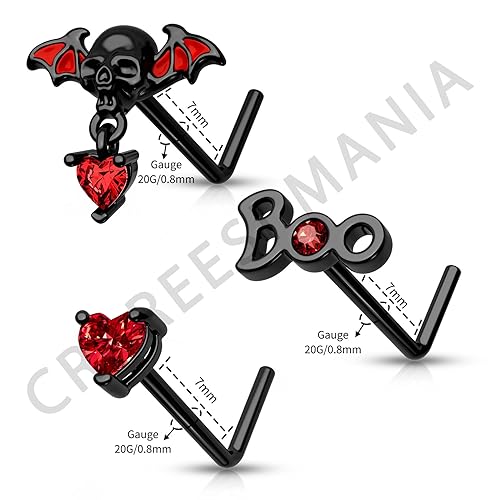 CM Crareesi Mania 3PCS Nose Studs Pack 316L Stainless Steel Black Nose Rings for Halloween 20G L-Shaped Nose Piercing Jewelry Dangle Nose Rings for Men Red CZ Skull Nose Ring2
