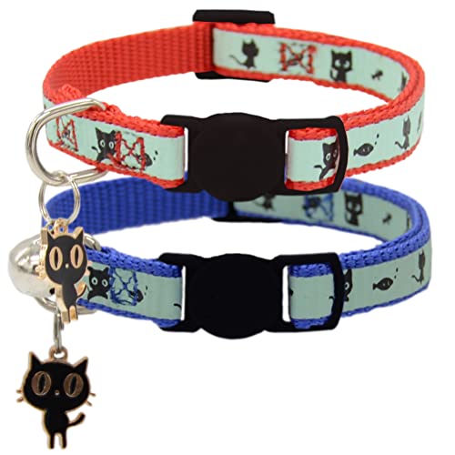 Image of 2 Pack Glow in The Dark Cat Collar with Bell Breakaway Safety Cat Puppy Collars with Pendant Red and Blue