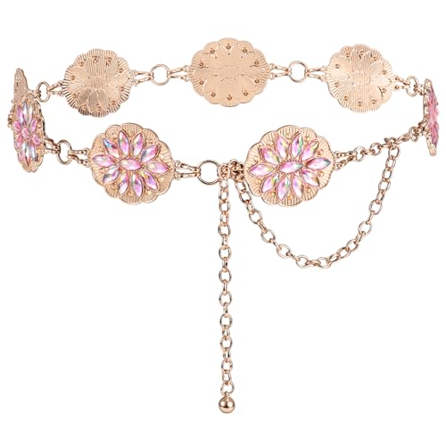 Concho Belt for Women, Bling Pink Rhinestone Western Cowgirl Waist Chain Belt Adjustable Boho Belts for Pants Dress Jeans