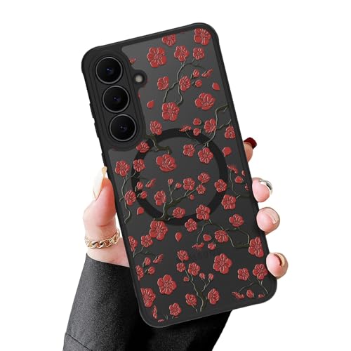 MZELQ Magnetic Case for Samsung Galaxy S25 FE, Red Plum Bossom Floral