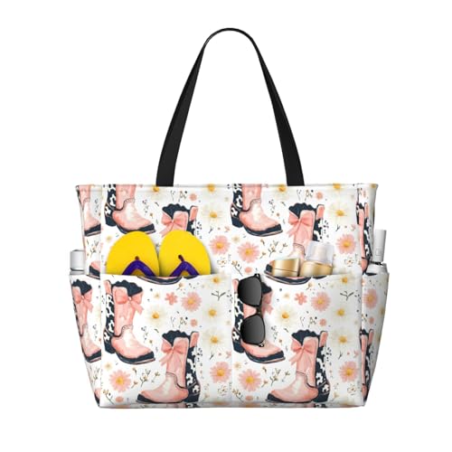 Large Beach Bags for Women Sandproof - Bow Cowboy Boots Q Print Summer Work Travel Tote Bags with Zipper