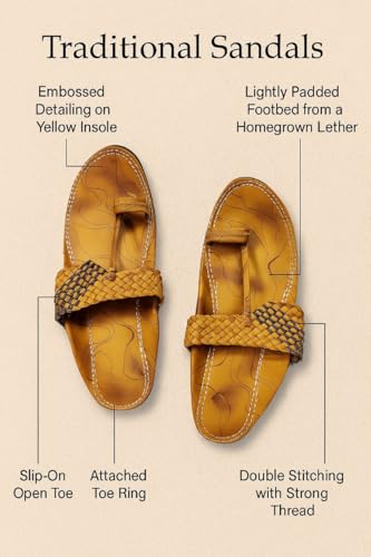 Image of Agadi Handcrafted Men's Tan Vegan Leather Kolhapuri Chappals - Traditional Ethnic V-Strap Sandals with Braided Detail and Iconic Pointed Toe (Tok)