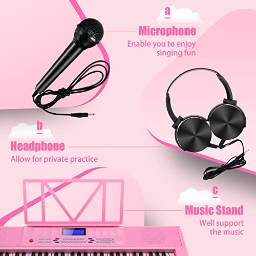 Costzon 61 Key Piano Keyboard, Portable Electronic Keyboard Piano With Lighted Keys, Lcd Screen, Headphones, Microphone, Dual Power Supply & 3 Teaching Modes For Beginners Kids Adults (Pink) #TOP6