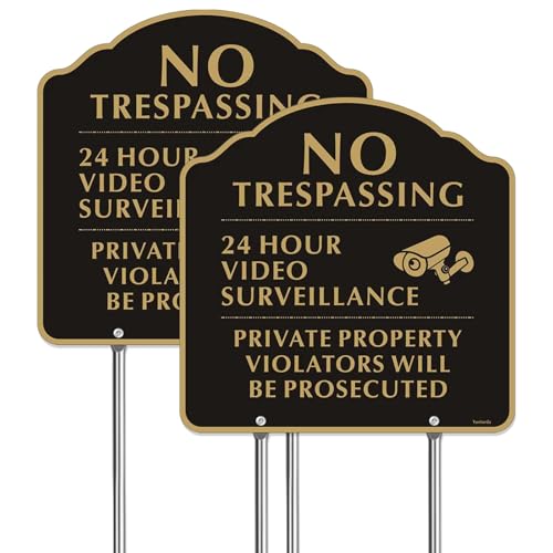 No Trespassing Signs with 12 Stake Yuntarda 12x12(2-Pack) Private Property Video Surveillance Signs Aluminum Metal Sign UV Print Weather Resistant for House or Home