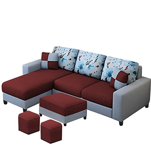 Image of Orland 4 Seater LHS L Shape Sofa with Center Table & 2 Puffy | Color - Maroon Grey