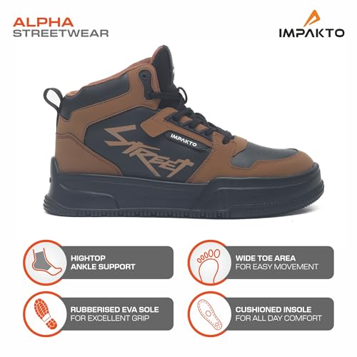 Image of Impakto Alpha Street Sneaker for Men | Lightweight & Soft Cushioned Insole | Padded Collar | High Top Streetwear Causal Shoes | Anti-Skid Sole | Lace-Up Shoes for Casual Outings,Walking & Gym