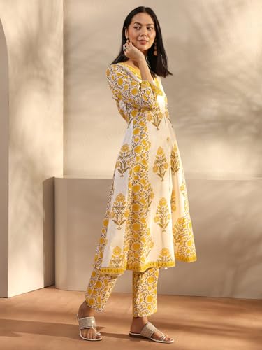 Image of Libas Printed Cotton A Line Kurta With Trouser and Dupatta | daily wear suit