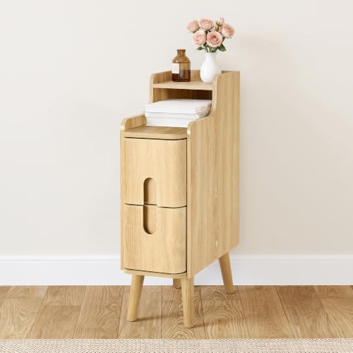 Image of FurSch Narrow Nightstand, Wooden 2 Drawer, Natural, Set of 2