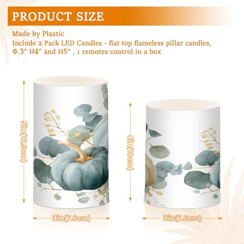 Image of ALAZA Fall Blue Pumpkin Thanksgiving Flickering Flameless Candles Battery Operated with Remote Timer,Tea Light Candles LED Pillar Votive Candles Set of 2 for Outdoor Indoor Decorations