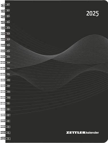 Zettler - Wochenplaner 2025 schwarz 15x21cm Taschenkalender mit 128 Seiten 1 Woche auf 2 Seiten Adressteil Ringbindung Monatsübersicht Mondphasen und deutsches Kalendarium
