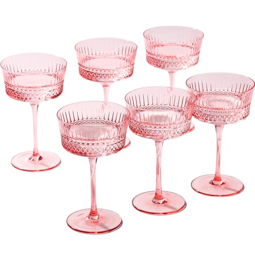 Physkoa Pink Coupe Glasses 9.3 oz Art Deco Coupe Glasses Set of 6-Crystal Martini Cocktail Glass-Vintage Cocktail Glasseware Set-Classic Colored Martini Glass for Wedding