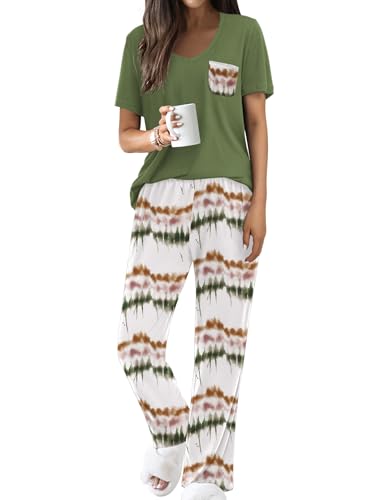 Image of Ekouaer Pajama Sets for Women 2 Piece Short Sleeve Pj V Neck Chest Pocket | Ladies Pajama Sets with Printed Long Pants, Soft Matching Pj Sleepwear, Casual Loose Fall Loungewear, S-XXL