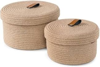 Aroma Brand-Round mini rope jute storage jute woven Shelf basket hamper baby nursery tray bucket organizer gifts for kids toys,fruits,living room,bathroom (set of 2) (1 BIg And 1 Small, Brown)