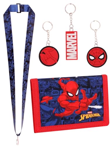 Marvel Carteira do Homem-Aranha para meninos, conjunto de chaveiro e cordão de 3 peças – Carteiras de lona com porta-moedas com zíper e compartimentos para cartão., Azul, Moderno