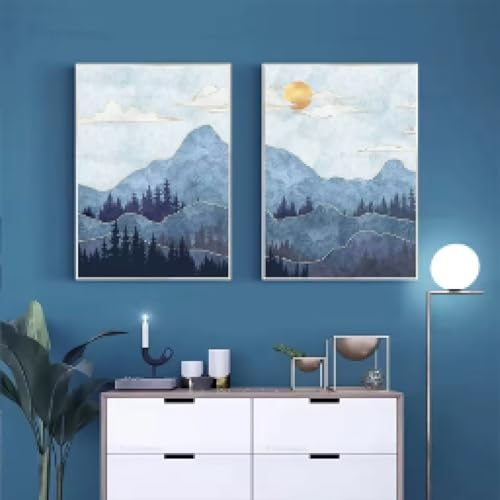 Forêt style nordique bleu sur grande toile abstraite de paysage montagnard pour décoration salon