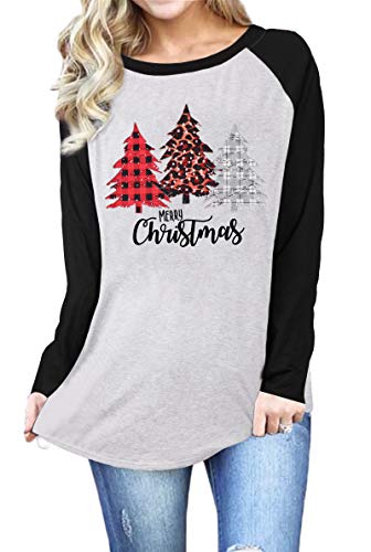 MNLYBABY Merry Christmas Plaid Leopard Tree Print Raglan T-Shirt Letter Print Long Sleeve Splicing Tops Tees Shirts for Women (Black, XL)