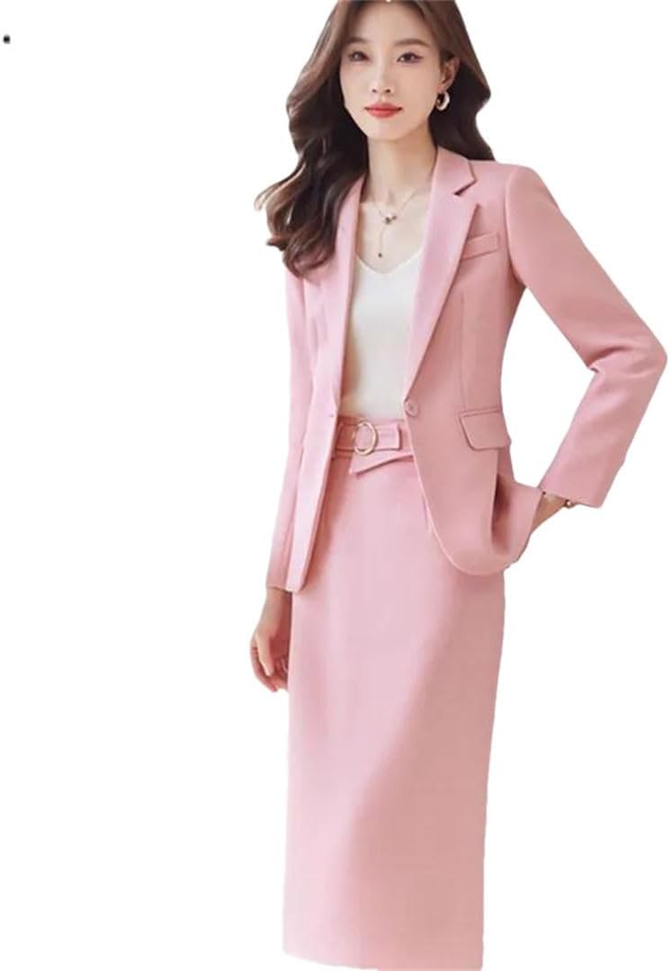 Women's Solid Color Lapel Single Button Long Sleeve Slim-Fit Suit Jacket and Skirt Two Piece Set