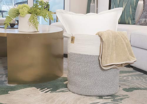 Laundry Basket 2Pc By Comfy-Homi Large Basket 18"X16" Tall Woven Cotton Rope Basket With Handles Decorative Basket For Blankets Round Storage Basket For Living Room,Clothes,Pillows,Towels (White Grey) #TOP6