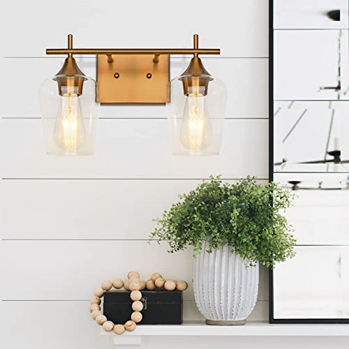 Henveton Mid Century Brass Bathroom Vanity Light Series, 2 Light & 3 Light Glass Bathroom Light Fixture For Bedroom Hallway Living Room #TOP1