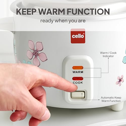 Image of CELLO Iris Electric Rice Cooker with Single Pot 600ml White | 300W Power, Removable Aluminium Non-Stick Bowl with SS Lid, Cool Touch Handle, One Touch Automatic Warm Function, For Rice, Pulao & Maggi