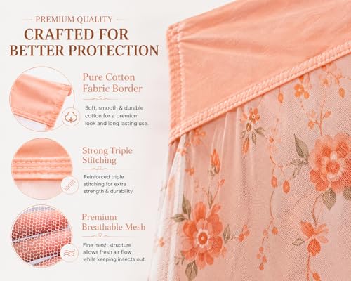 Image of ANS Floral Mosquito Net for Bed with Cotton Border | 7 x 7 Ft King Size Bed Net | Fine Mesh Breathable Fabric | Box Type Hanging Mosquito Net for Family & Kids (Peach Floral)
