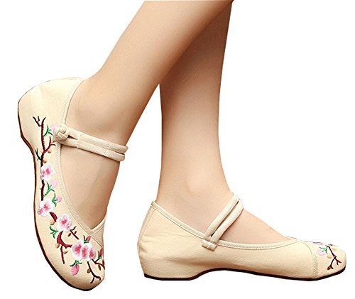 AvaCostume Embroidery Womens Classics Flats Rubber Sole Casual Shoes, Beige 38