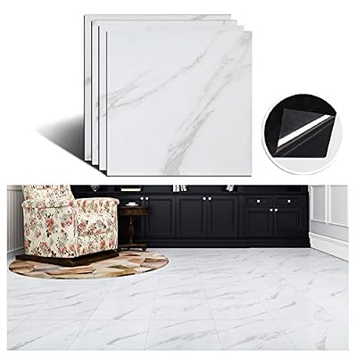 VEELIKE Vinyl Floor Tiles Peel and Stick 12''x12'' White Marble Flooring Tiles Self Adhesive Waterproof Floor Vinyl Sticker Tiles Decorative for Bathroom Bedroom Kitchen Wall Basement 4 Pack