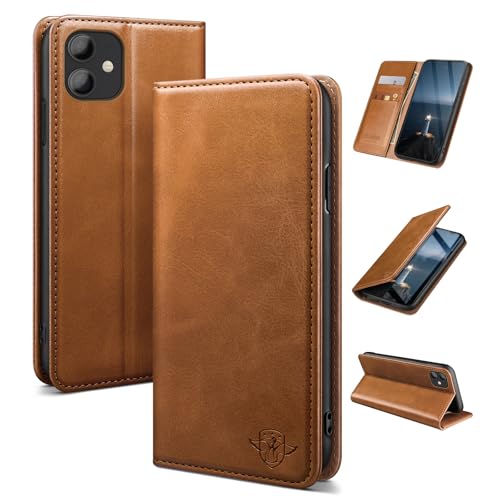 SUANDUCK for iPhone 11 6.1 phone case magnetic leather flip case with RFID-blocking card compartment adjustable stand and 360 drop protection with Apple 11 Light Brown