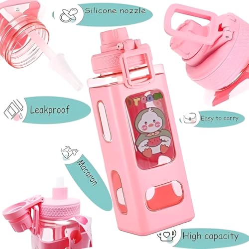 Image of LHOTSE FreeSip Cute Square Water Bottle for School with Straw & Leakproof Lid - Large Capacity Kawaii Bottle for Kids, Girls & Office Use (Pink)