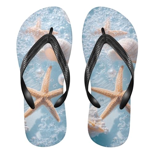 Sinestour Starfish Shell Pearl Blue Flip Flops for Beach Thong Sandals Anti-slip Lightweight Flat Slippers for Indoor Outdoor House