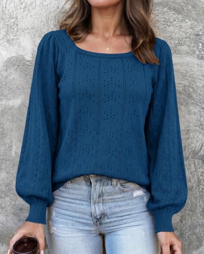 Image of HOTOUCH Sweaters for Women 2026 Fall Trendy Tops Casual Puff Sleeve Square Neck Cute Tunic Pullover Blouses XS-XXL