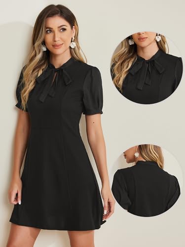 Allegra K Elegant Dresses for Women's Tie Neck Puff Short Sleeve Office Work Dress2