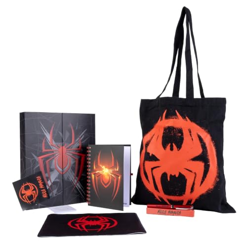 Spider-Man Miles Morales Set Cadeau de Bureau pour Enfant et Adolescent - Pack Papeterie sous Licence Officielle avec Sac fourre-Tout Noir, carnet à Spirale et étui, idéal pour l'école et Cadeau