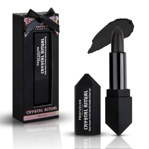 Profusion Cosmetics Crystal Ritual High Impact Black Lipstick Rich Cream Formula Intense Lip Color Mystery Shade for Bold Lip Makeup