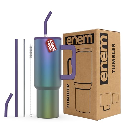 Image of enem Tumbler, Midnight Aurora, Insulated Premium Vacuum Leak Proof Tumblers, Stainless Steel Travel Mug with Handle, Lid & Straw, 1.2L Tumbler for Coffee, Iced Tea, or Water