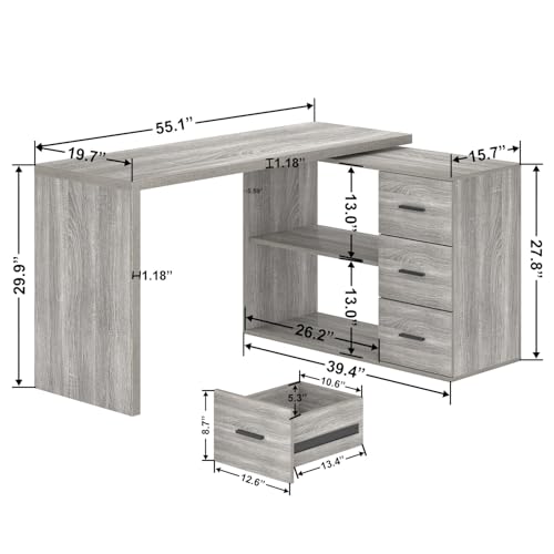 Image of HSH L Shape Desk with Drawers, L-Shaped Desk with Storage Cabinet Shelves, Home Office Corner Computer Desk for Executive Writing, Modern Wood Study PC Table in Bedroom Living Room, Grey Oak, 55 Inch