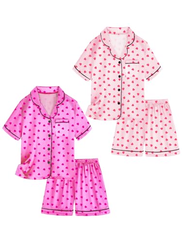 Vopawetty Satin Pajamas for Girls 4-Piece Short Sleeve Button Down Silky PJ Set Pink Hearts - Rose Hearts 6 Years