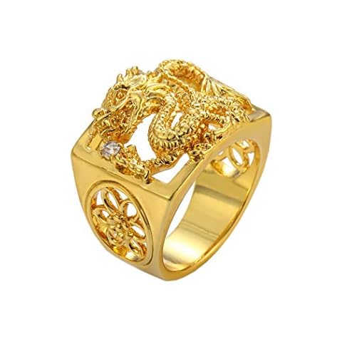 loyoe jewelry 24k Yellow Gold Filled Mens Ring Carved Dragon Play with Ball Pattern Inlay Cubic Zircon Size 10 Cover