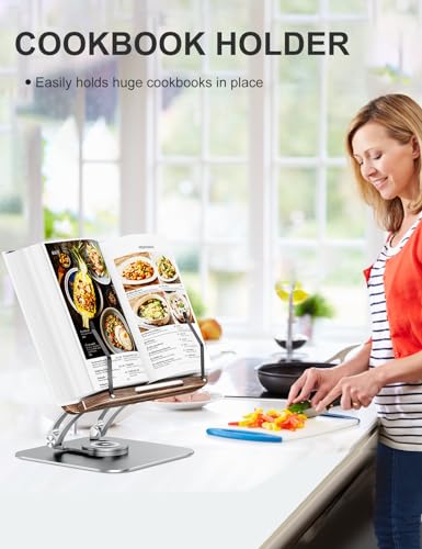 Tounee Buchständer, Verstellbarer Buchhalter mit 360° drehbarer Basis, Kochbuchständer, Rezeptbuchhalter mit elastischen Seitenklammern für Musikpartituren, Rezepte - Silber
